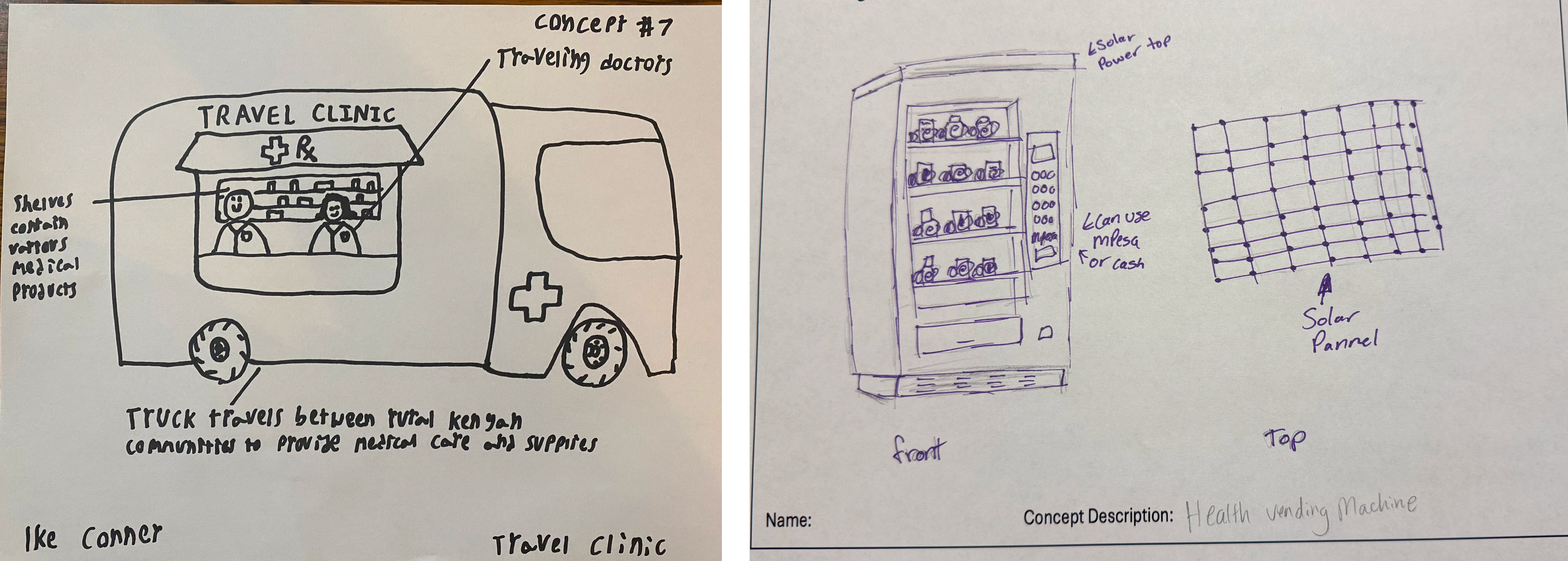 Initial sketches for vending machine and clinic